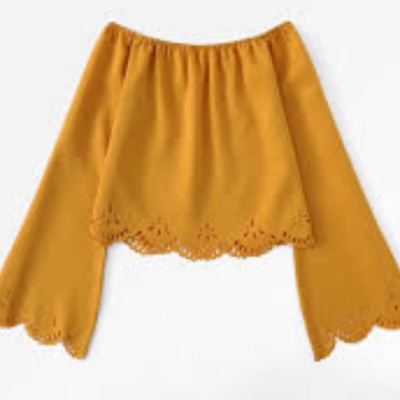 Shein Goldenrod Laser Cut Scalloped Off the Shoulder Top - Picture 1 of 8